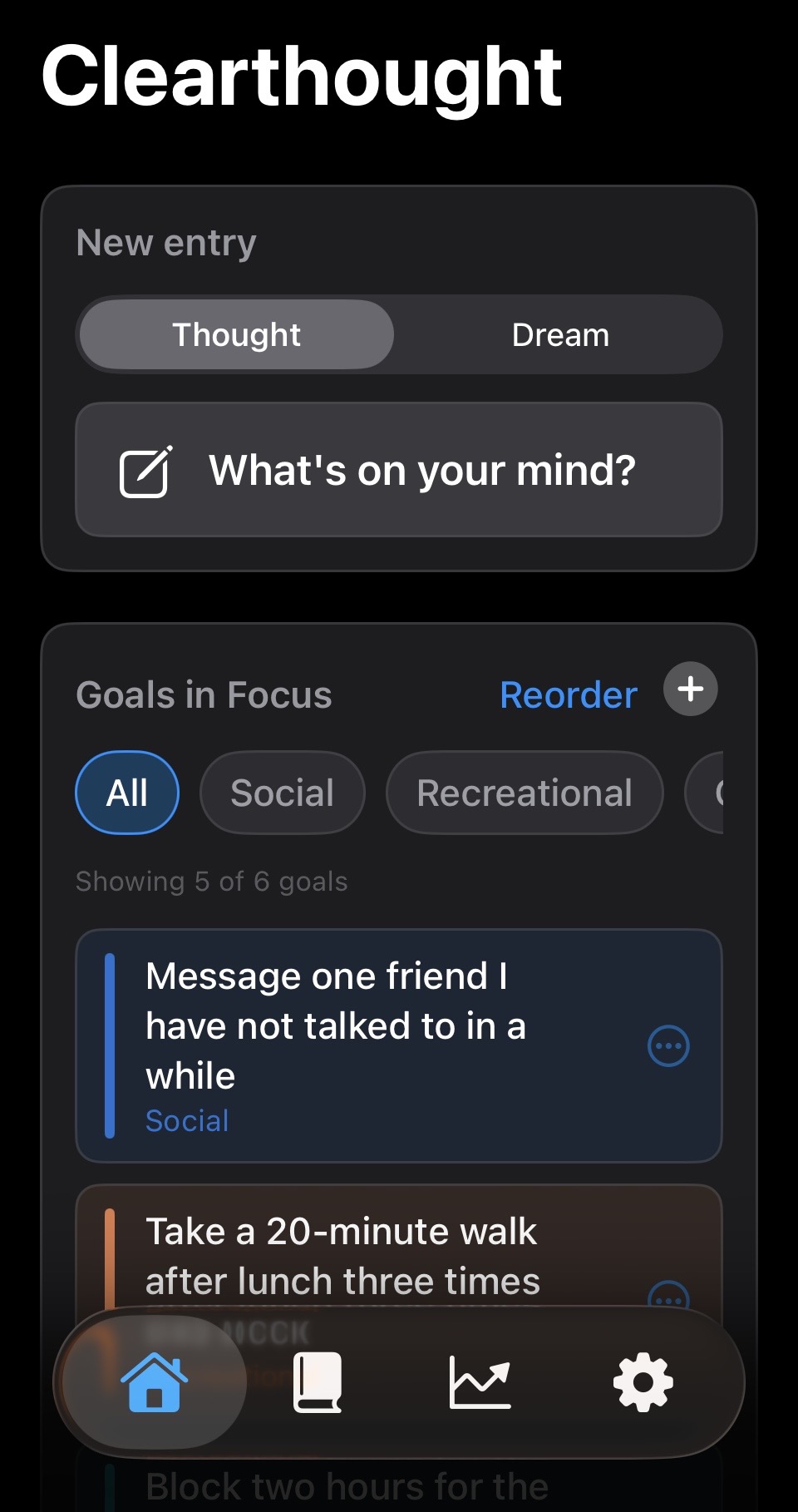 Top of Clearthought home screen with entries and navigation.
