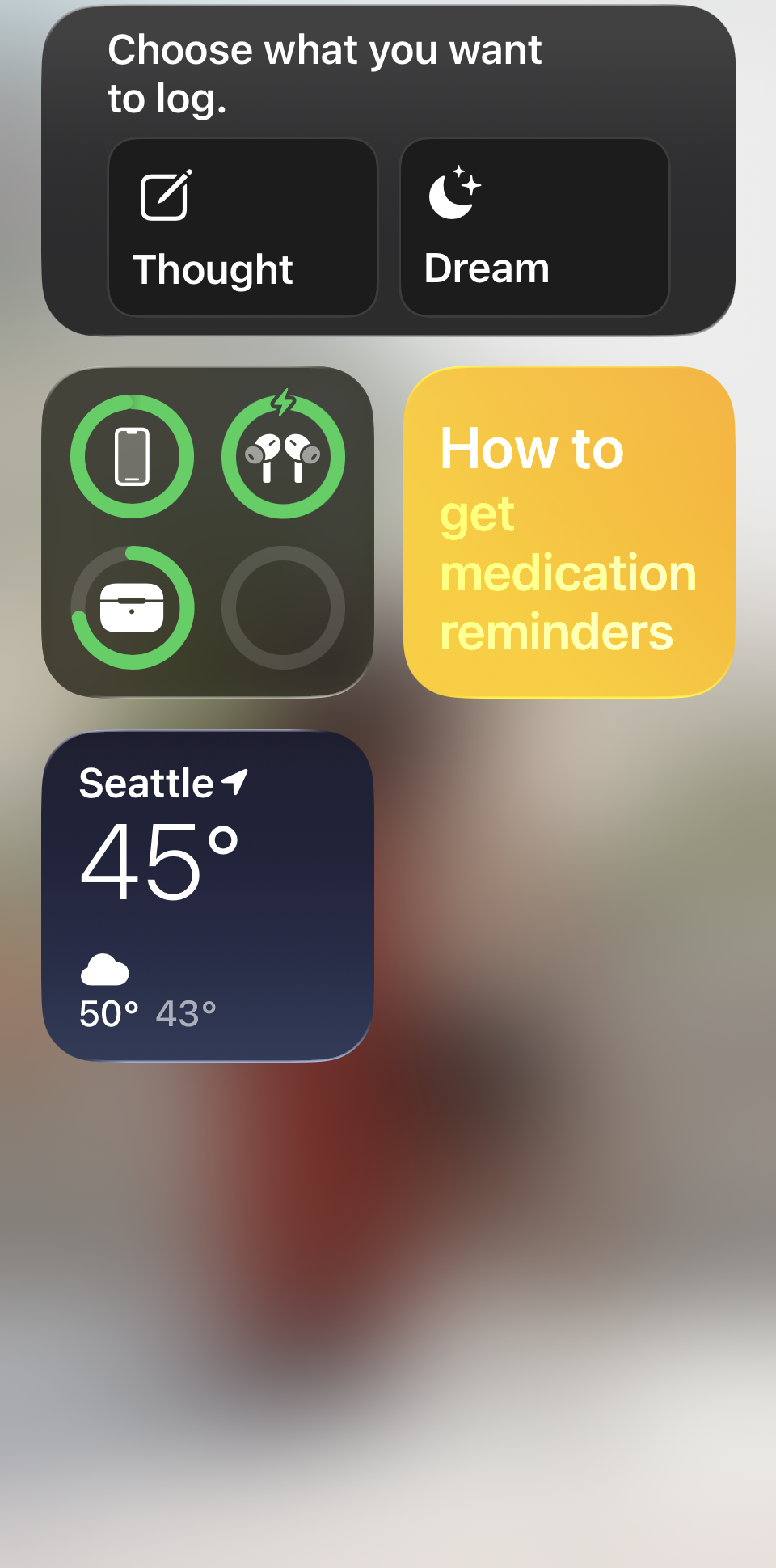 Clearthought iOS Home Screen widget offering new thought and dream entry shortcuts.