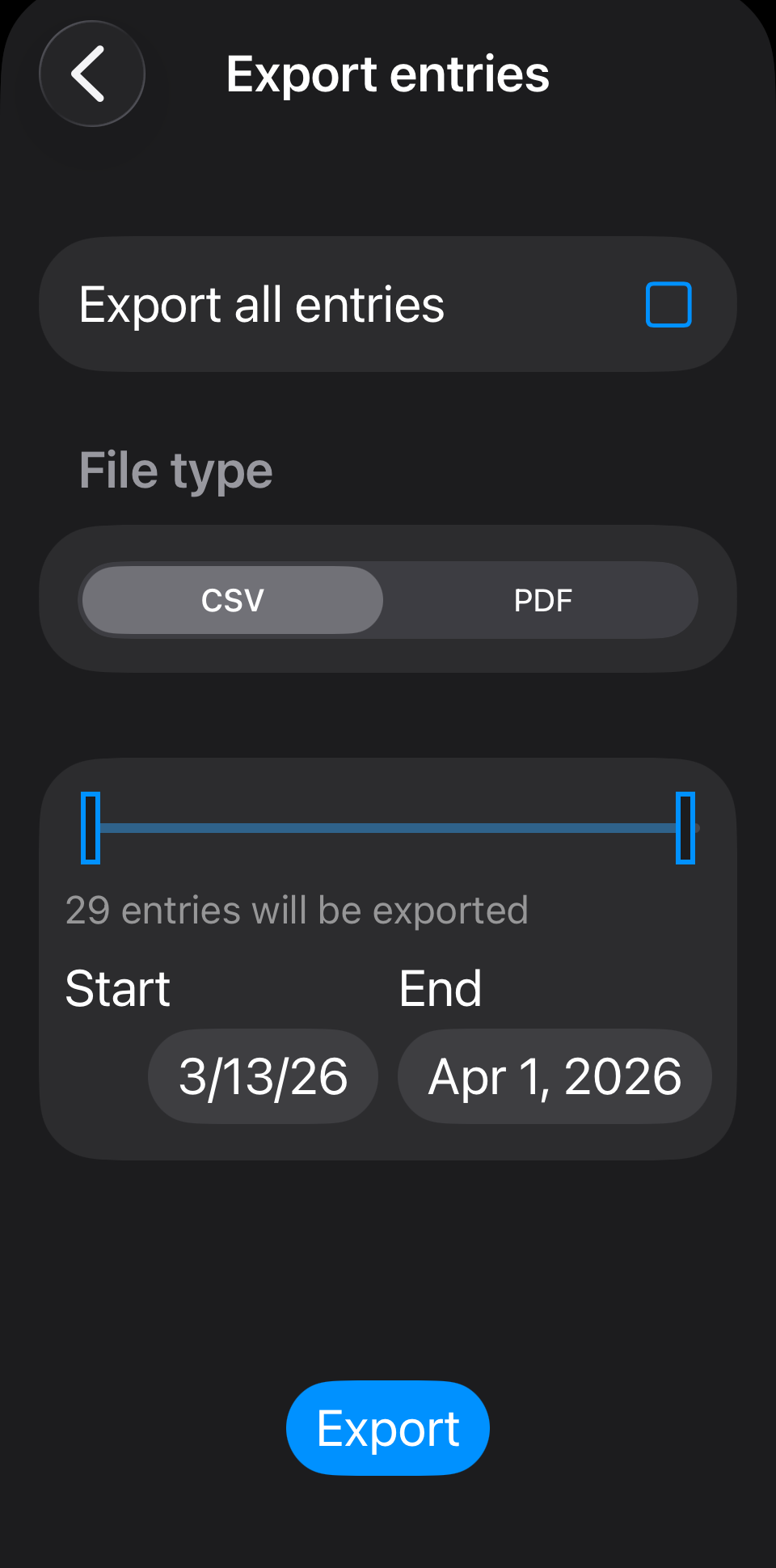 Clearthought export entries by date range.