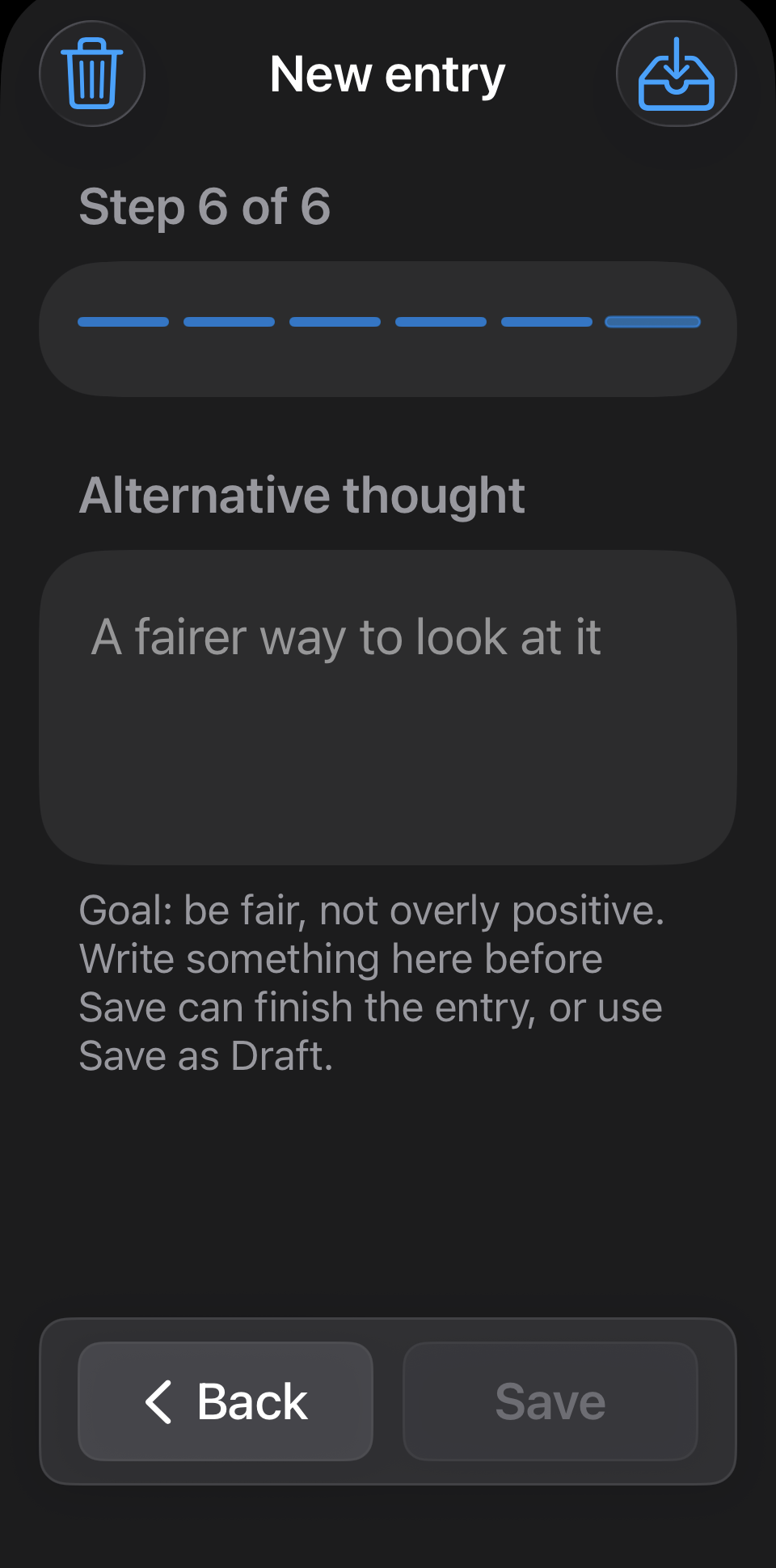 Alternative thought step in a Clearthought entry.