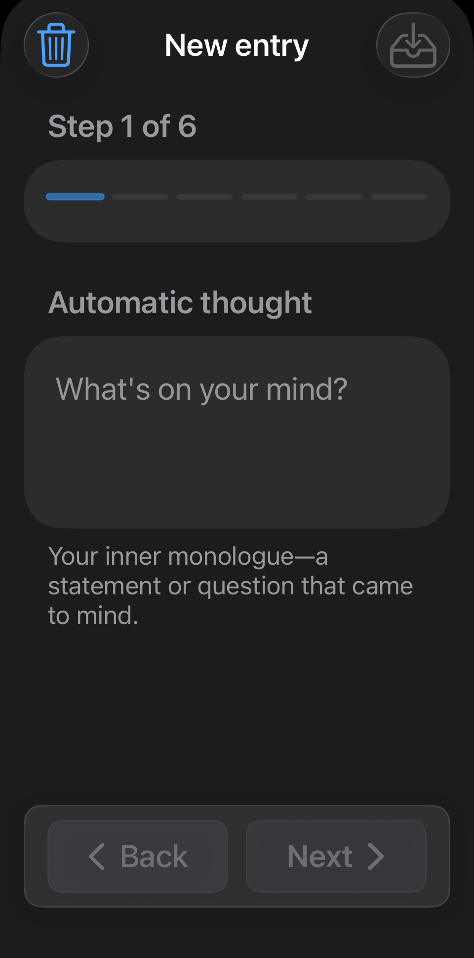 Clearthought new thought entry screen showing fields for a thought record.